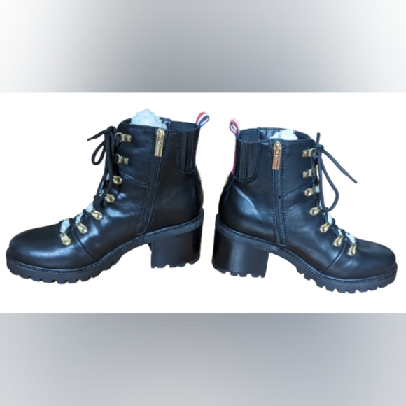 NIB black leather Tommy Hilfiger Lamere 2 lace up sherpa tongue ankle boots - Picture 9 of 10